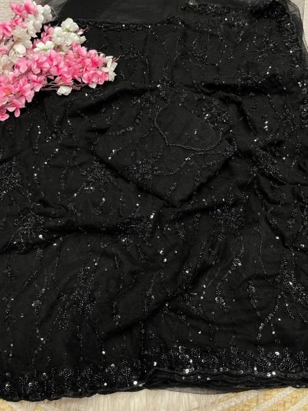 Sustainable Black Butterfly Net Saree with Heavy Sequence Embroidery For Wedding Bollywood Fancy Sarees Wholesale