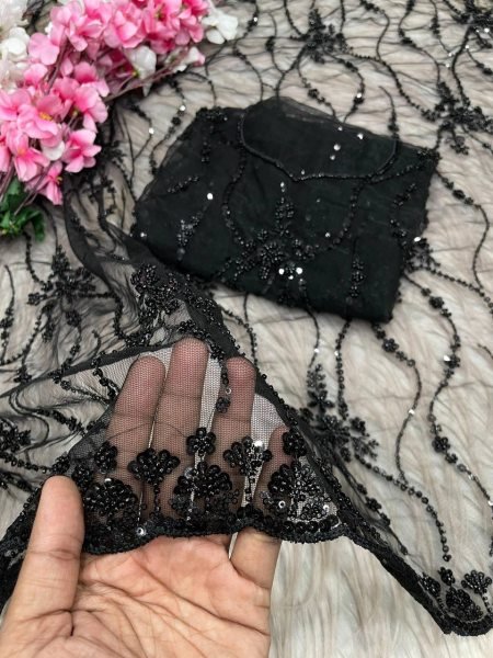 Sustainable Black Butterfly Net Saree with Heavy Sequence Embroidery For Wedding Bollywood Fancy Sarees Wholesale
