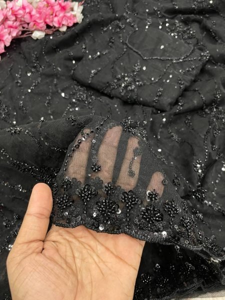 Sustainable Black Butterfly Net Saree with Heavy Sequence Embroidery For Wedding Bollywood Fancy Sarees Wholesale