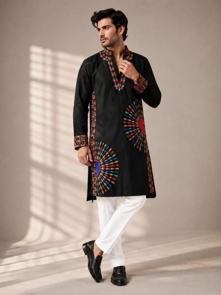 Sustainable Black Designer Men’s Kurta Pajama with Multicolor Thread Embroidery Mens Wear