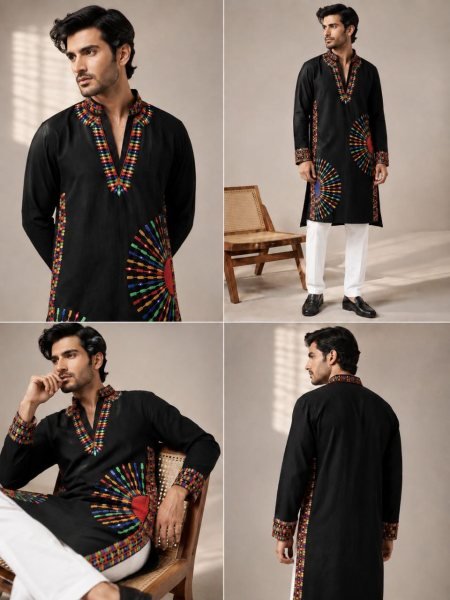 Sustainable Black Designer Men’s Kurta Pajama with Multicolor Thread Embroidery Kurta Pajama Wholesale