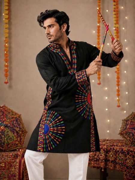 Sustainable Black Designer Men’s Kurta Pajama with Multicolor Thread Embroidery Kurta Pajama Wholesale