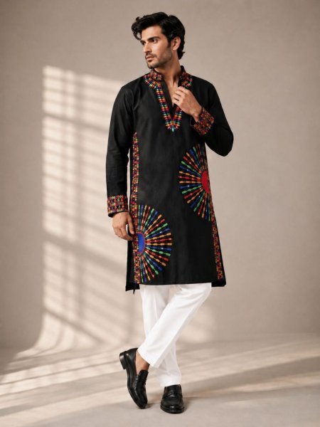 Sustainable Black Designer Men’s Kurta Pajama with Multicolor Thread Embroidery Kurta Pajama Wholesale