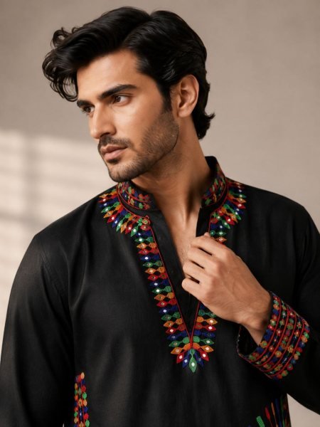 Sustainable Black Designer Men’s Kurta Pajama with Multicolor Thread Embroidery Kurta Pajama Wholesale