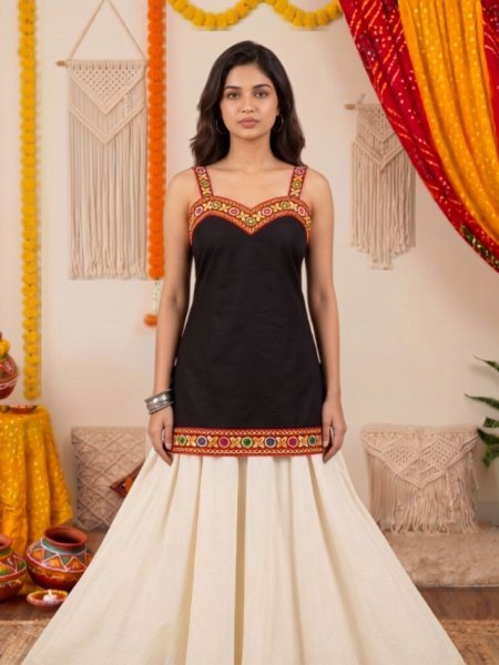 Sustainable Black Navratri Special Rayon Short Kurti with Lace Border and Gamthi Work Kurtis