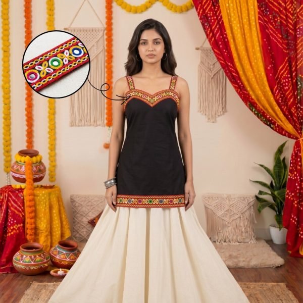 Sustainable Black Navratri Special Rayon Short Kurti with Lace Border and Gamthi Work Tunics kurti