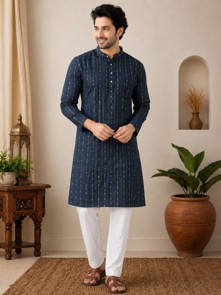 Sustainable Blue Merath Fabric Kurta Pajama for Festive and Casual Wear Kurta Pajama Wholesale