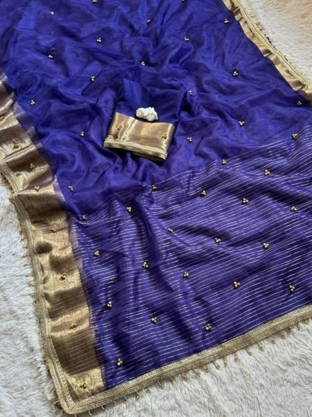 Sustainable Blue Soft Tissue Silk Ghungroo Saree with Matching Blouse at Manufacturer  