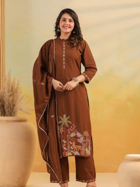 Sustainable Brown Rayon Slub Embroidered Kurti Pant Dupatta Set for Women at Wholesale Rate Kurtis