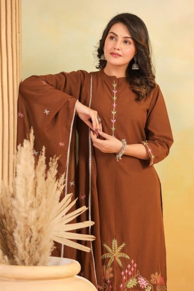 Sustainable Brown Rayon Slub Embroidered Kurti Pant Dupatta Set for Women at Wholesale Rate Embroidery Kurtis 