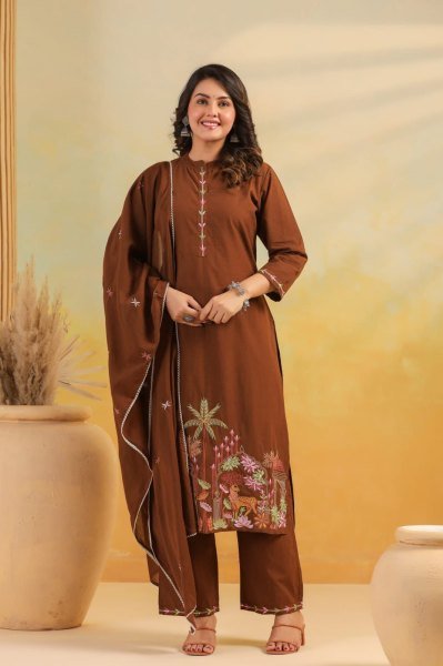 Sustainable Brown Rayon Slub Embroidered Kurti Pant Dupatta Set for Women at Wholesale Rate Embroidery Kurtis 