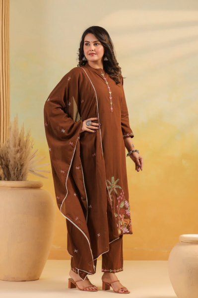 Sustainable Brown Rayon Slub Embroidered Kurti Pant Dupatta Set for Women at Wholesale Rate Embroidery Kurtis 