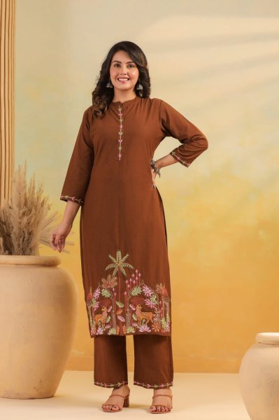 Sustainable Brown Rayon Slub Embroidered Kurti Pant Dupatta Set for Women at Wholesale Rate Embroidery Kurtis 