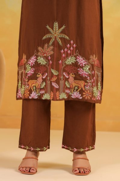 Sustainable Brown Rayon Slub Embroidered Kurti Pant Dupatta Set for Women at Wholesale Rate Embroidery Kurtis 