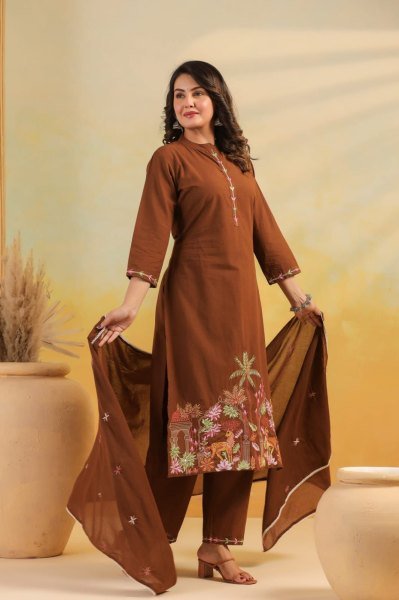 Sustainable Brown Rayon Slub Embroidered Kurti Pant Dupatta Set for Women at Wholesale Rate Embroidery Kurtis 