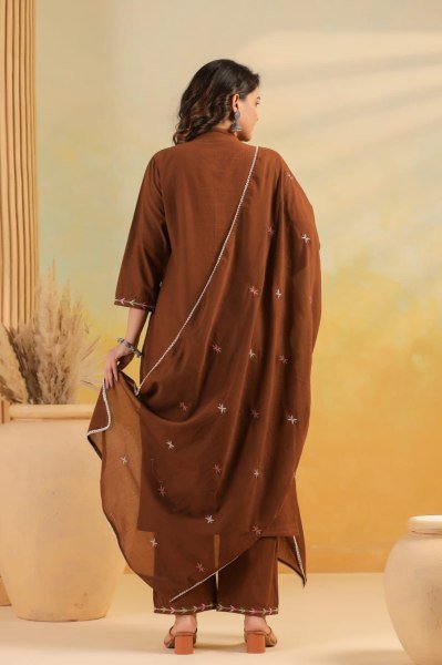 Sustainable Brown Rayon Slub Embroidered Kurti Pant Dupatta Set for Women at Wholesale Rate Embroidery Kurtis 