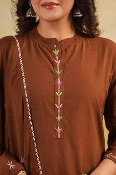 Sustainable Brown Rayon Slub Embroidered Kurti Pant Dupatta Set for Women at Wholesale Rate Embroidery Kurtis 