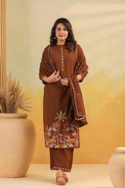 Sustainable Brown Rayon Slub Embroidered Kurti Pant Dupatta Set for Women at Wholesale Rate Embroidery Kurtis 