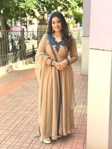 Sustainable Cream Designer Doremon Crush Gown with Embroidery Thread Work Ready To Wear Collection