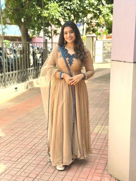 Sustainable Cream Designer Doremon Crush Gown with Embroidery Thread Work Ready To Wear Collection