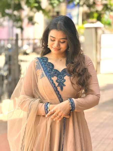 Sustainable Cream Designer Doremon Crush Gown with Embroidery Thread Work Ready To Wear Collection