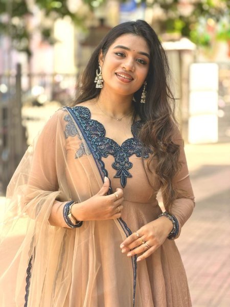 Sustainable Cream Designer Doremon Crush Gown with Embroidery Thread Work Ready To Wear Collection