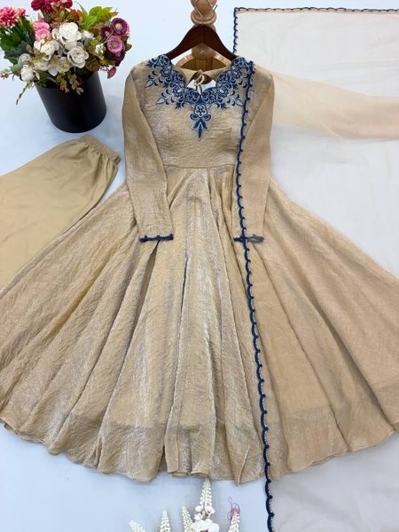 Sustainable Cream Designer Doremon Crush Gown with Embroidery Thread Work Ready To Wear Collection