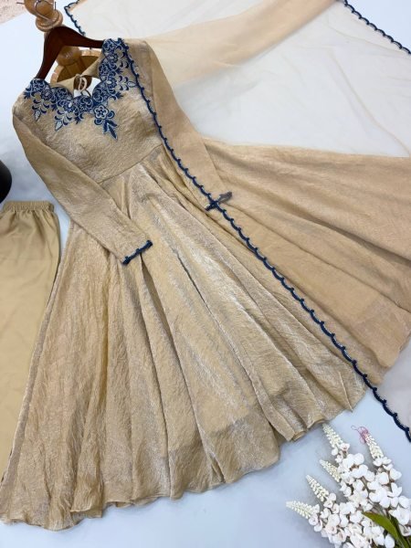 Sustainable Cream Designer Doremon Crush Gown with Embroidery Thread Work Ready To Wear Collection