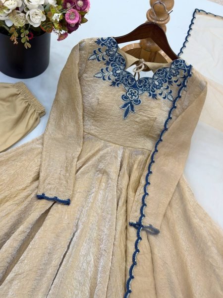 Sustainable Cream Designer Doremon Crush Gown with Embroidery Thread Work Ready To Wear Collection