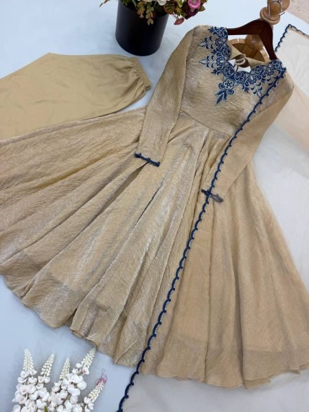 Sustainable Cream Designer Doremon Crush Gown with Embroidery Thread Work Ready To Wear Collection
