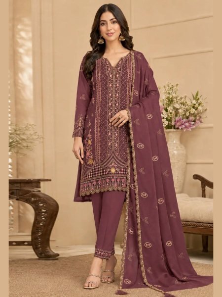 Sustainable Dusty Mauve Rangoli Crush Ethnic Suit Material with Crepe Silk Bottom And Dupatta