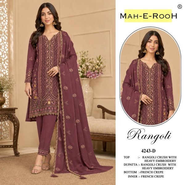 Sustainable Dusty Mauve Rangoli Crush Ethnic Suit Material with Crepe Silk Bottom And Dupatta Pakistani Suits Wholesale
