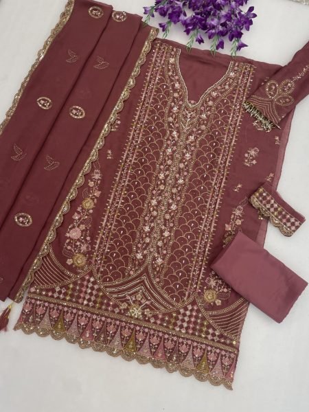 Sustainable Dusty Mauve Rangoli Crush Ethnic Suit Material with Crepe Silk Bottom And Dupatta Pakistani Suits Wholesale
