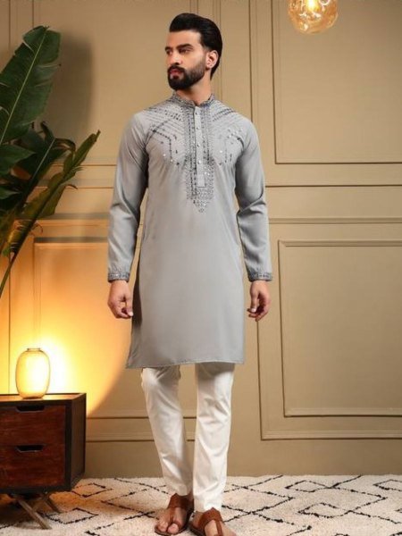 Sustainable Grey Armaani Lachko Kurta Set for Wedding and Festive Collection 