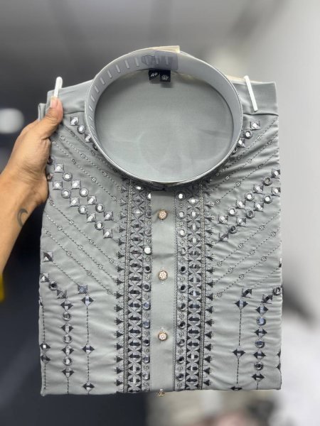 Sustainable Grey Armaani Lachko Kurta Set for Wedding and Festive Collection Kurta Pajama Wholesale