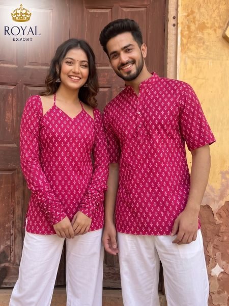 Sustainable Hot Pink Diwali Couple Matching Outfits in Premium Cotton for Daily Wear