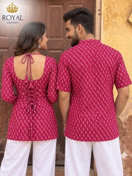 Sustainable Hot Pink Diwali Couple Matching Outfits in Premium Cotton for Daily Wear Couple Combo collection 