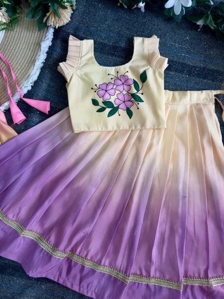 Sustainable Lavender Ombre Pleated Lehenga with Floral Top for Girls Girls Wear