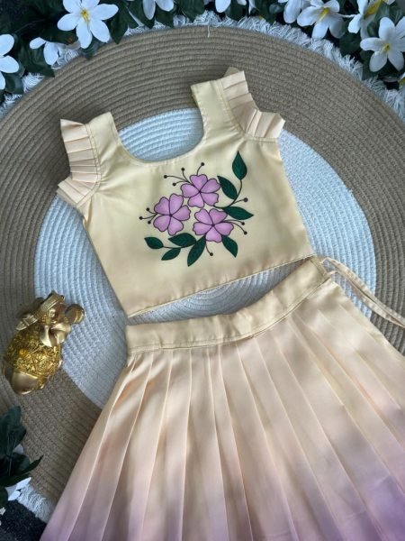 Sustainable Lavender Ombre Pleated Lehenga with Floral Top for Girls Girls Wear