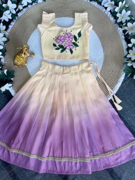 Sustainable Lavender Ombre Pleated Lehenga with Floral Top for Girls Girls Wear