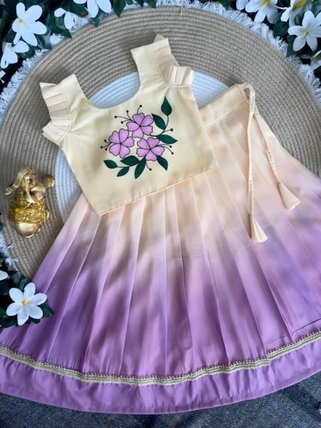 Sustainable Lavender Ombre Pleated Lehenga with Floral Top for Girls Girls Wear