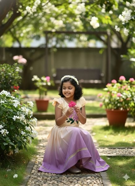 Sustainable Lavender Ombre Pleated Lehenga with Floral Top for Girls Girls Wear