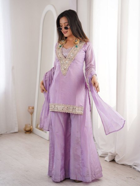 Sustainable Lavender Women's Georgette Embroidered Three Piece Outfit Kurtis