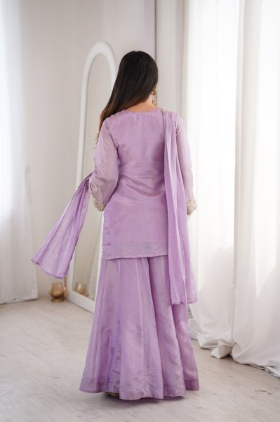 Sustainable Lavender Women's Georgette Embroidered Three Piece Outfit 3 Piece Kurti Set