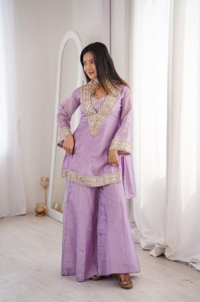 Sustainable Lavender Women's Georgette Embroidered Three Piece Outfit 3 Piece Kurti Set