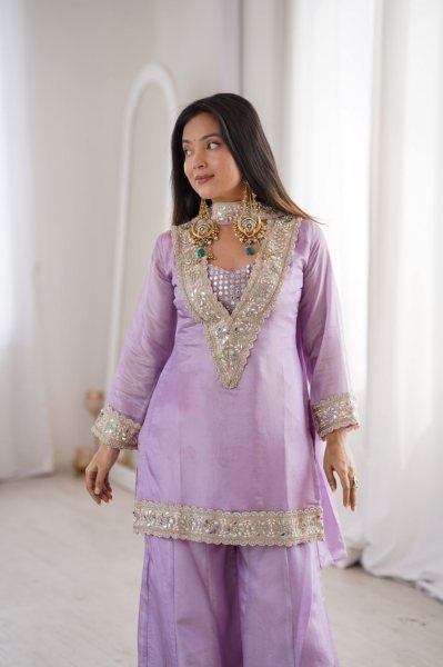 Sustainable Lavender Women's Georgette Embroidered Three Piece Outfit 3 Piece Kurti Set