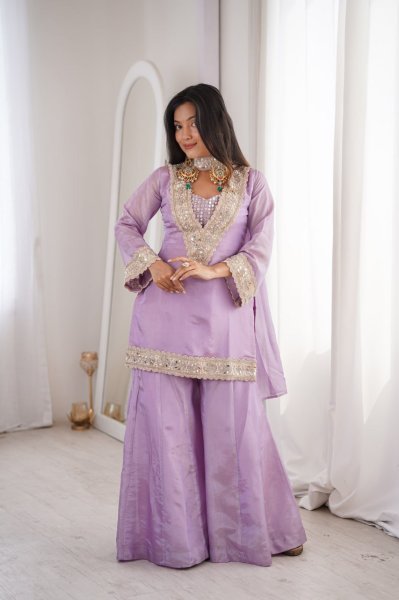 Sustainable Lavender Women's Georgette Embroidered Three Piece Outfit 3 Piece Kurti Set