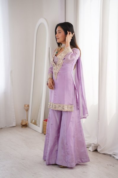 Sustainable Lavender Women's Georgette Embroidered Three Piece Outfit 3 Piece Kurti Set