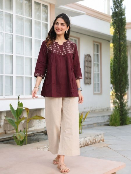Sustainable Maroon Ultra Premium 60x60 Cotton Short Kurti for Casual and Office Wear 