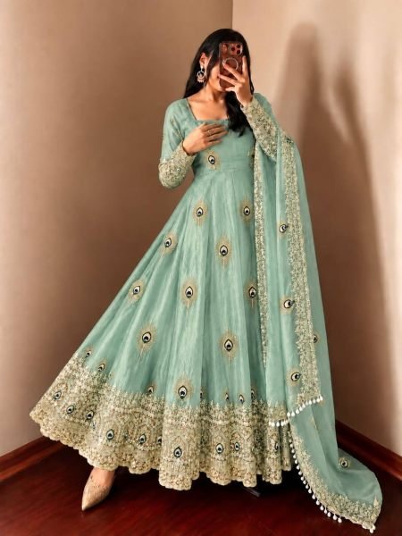 Sustainable Mint Green Party Wear Fendy Silk Gown with Heavy Sequin Work Dupatta 